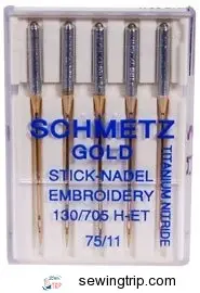 Schmetz Gold Titanium Embroidery Needles Size 75/11, 5 Count