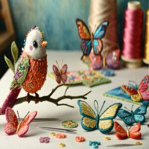 Fabric Birds and Embroidered Butterfly Decorations