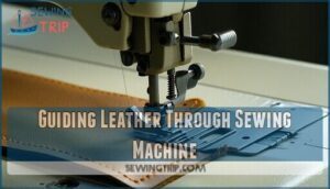 guiding leather through sewing machine