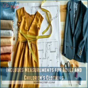 includes measurements for adult and children’s clothing