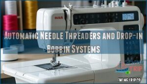 automatic needle threaders and drop-in bobbin systems