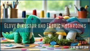 glove dinosaur and fabric mushrooms