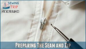 preparing the seam and zip