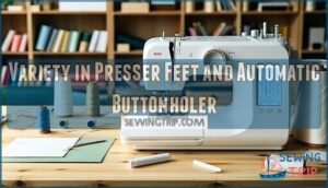 variety in presser feet and automatic buttonholer