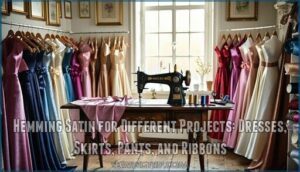 hemming satin for different projects: dresses, skirts, pants, and ribbons