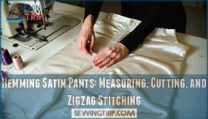 hemming satin pants: measuring, cutting, and zigzag stitching