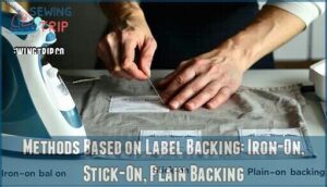 methods based on label backing: iron-on, stick-on, plain backing