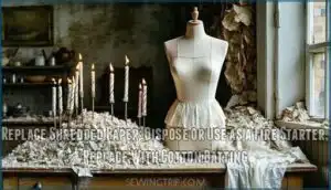 replace shredded paper: dispose or use as a fire starter, replace with cotton batting