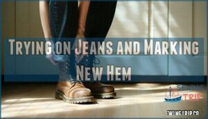trying on jeans and marking new hem