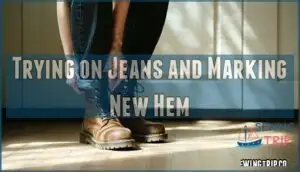 trying on jeans and marking new hem trying on jeans and marking new hem