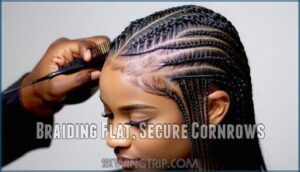 braiding flat, secure cornrows