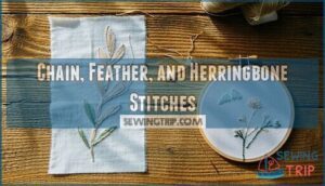 chain, feather, and herringbone stitches