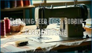 cleaning feed dogs, bobbin case, and plate