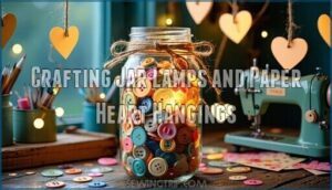 crafting jar lamps and paper heart hangings