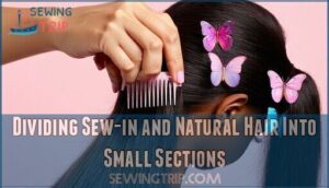 dividing sew-in and natural hair into small sections