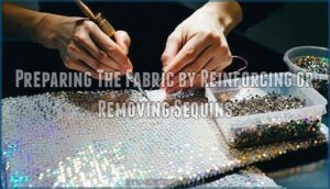 preparing the fabric by reinforcing or removing sequins