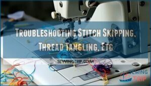 troubleshooting stitch skipping, thread tangling, etc