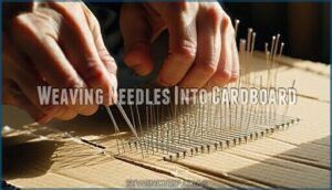 weaving needles into cardboard