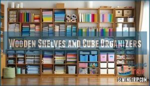 wooden shelves and cube organizers