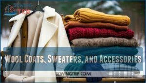wool coats, sweaters, and accessories