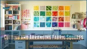 cutting and arranging fabric squares