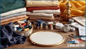 materials needed (fabric, thread, needles, stabilizer, hoop)