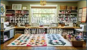 piecing quilt blocks and sewing rows