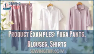 product examples: yoga pants, blouses, shirts