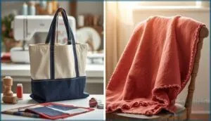 serged tote bags and fleece blankets