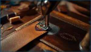 machine sewing patches onto leather
