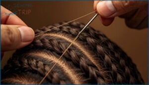 threading the needle and securing the weft threading the needle and securing the weft