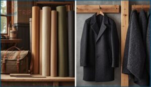 common heavyweight fabrics (e.g., canvas, wool) common heavyweight fabrics (e.g., canvas, wool)