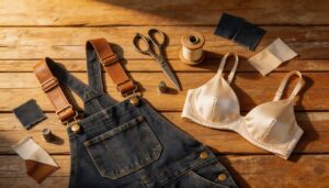 overalls and bralettes from reclaimed materials overalls and bralettes from reclaimed materials