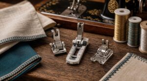 using overcast, buttonhole, and embroidery feet using overcast, buttonhole, and embroidery feet